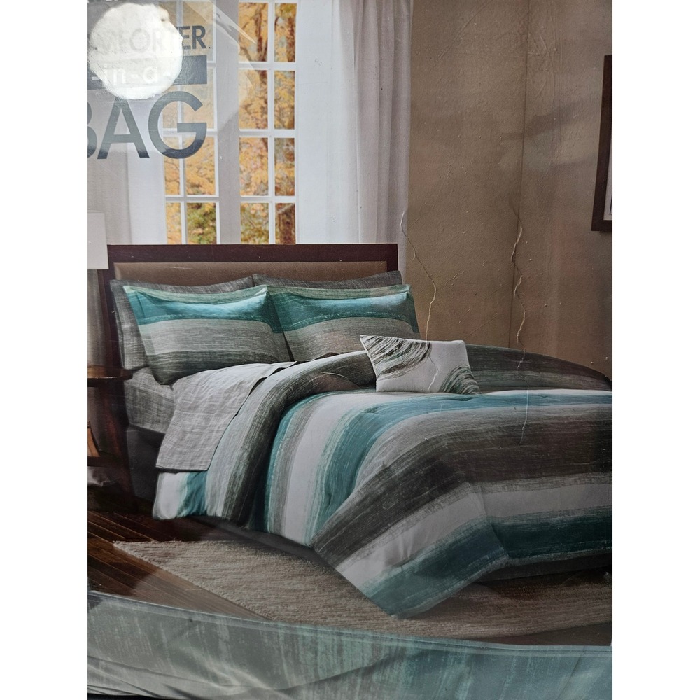 MADISON PARK King 8 Pc Comforter Sheet Bedskirt Set Teal Gray White Ombre